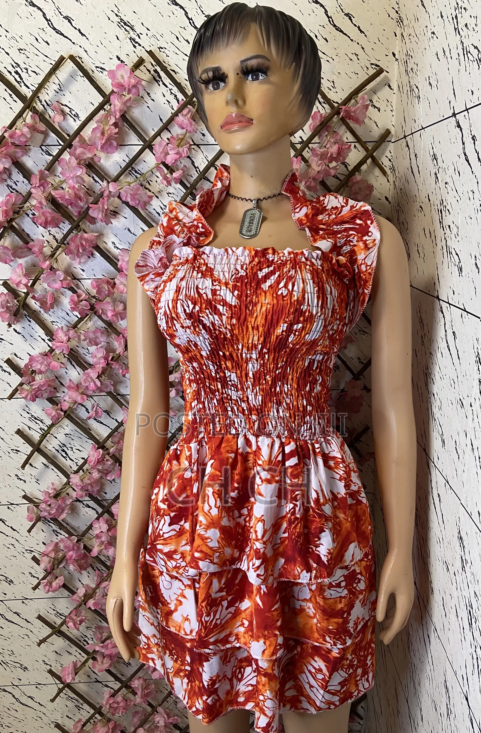 Beautiful Vibrant Red and White Print Smocked Bodice Dress