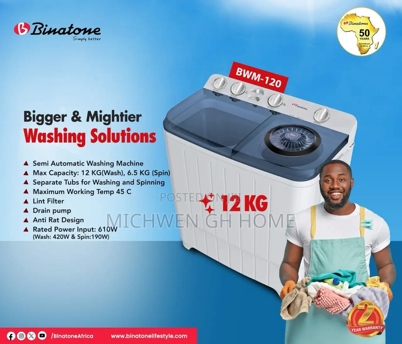 Binatone 12kg Semi Automatic Washing
