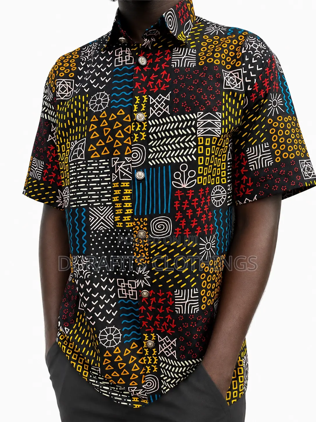 Men’s Black Tribal Symbols African Print Short-Sleeve Shirt