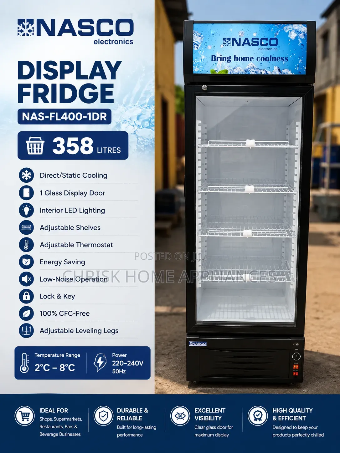 NASCO NAS-FL400-1DR Display Fridge 358 Litres | 1 Door | Black