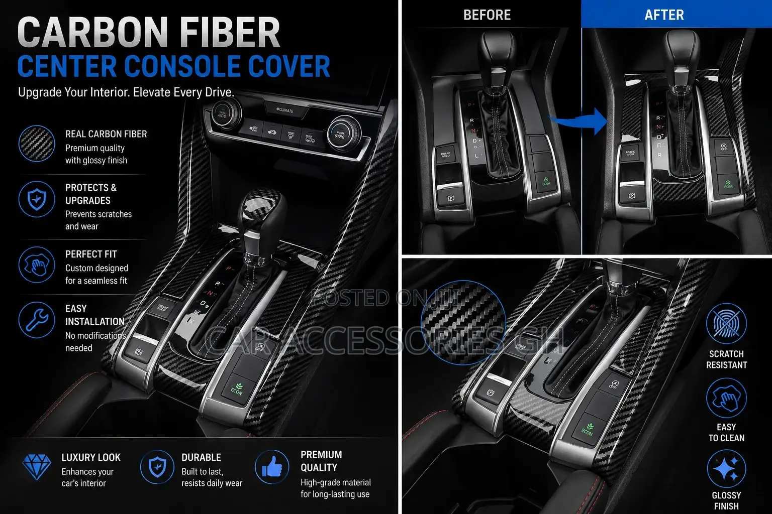 Honda Civic Carbon Fiber Center Console Cover