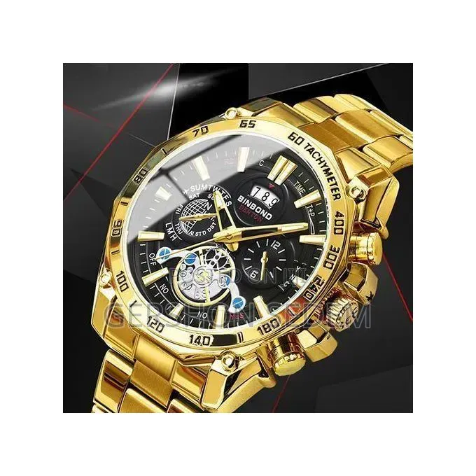 Men’s Business Tourbillon Watch – Steel Band, Gold Finish (Gift Set)