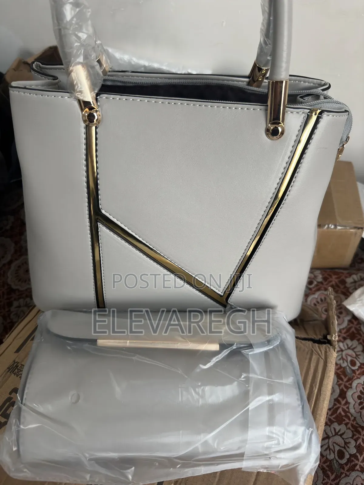 Beige Structured Bag Plus Clutch Set