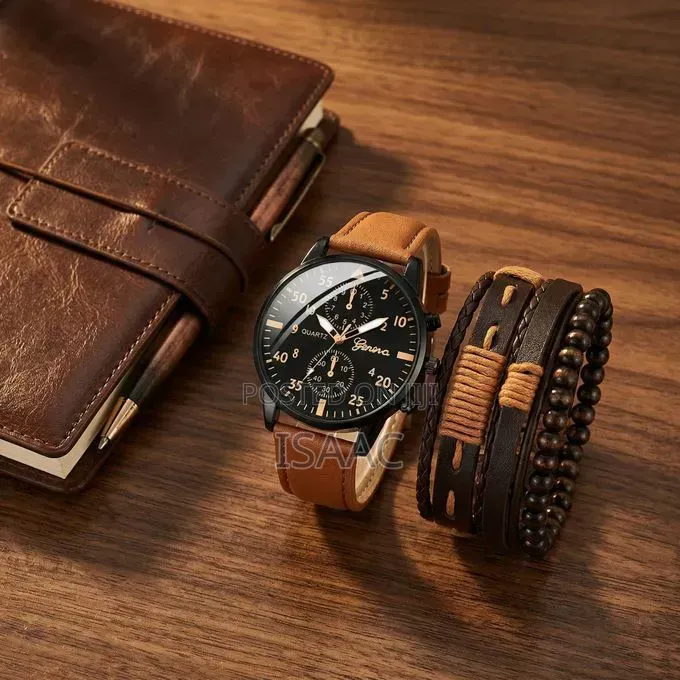 Men's Brown Stainless Steel Quartz Watch PU Bracelet Set-097471