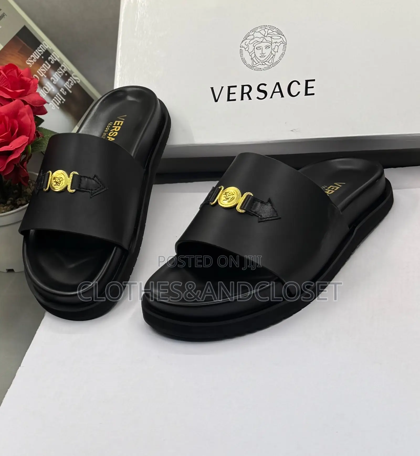 Black Leather Versace Slide Sandals and Arrow Detail on the Wide Strap