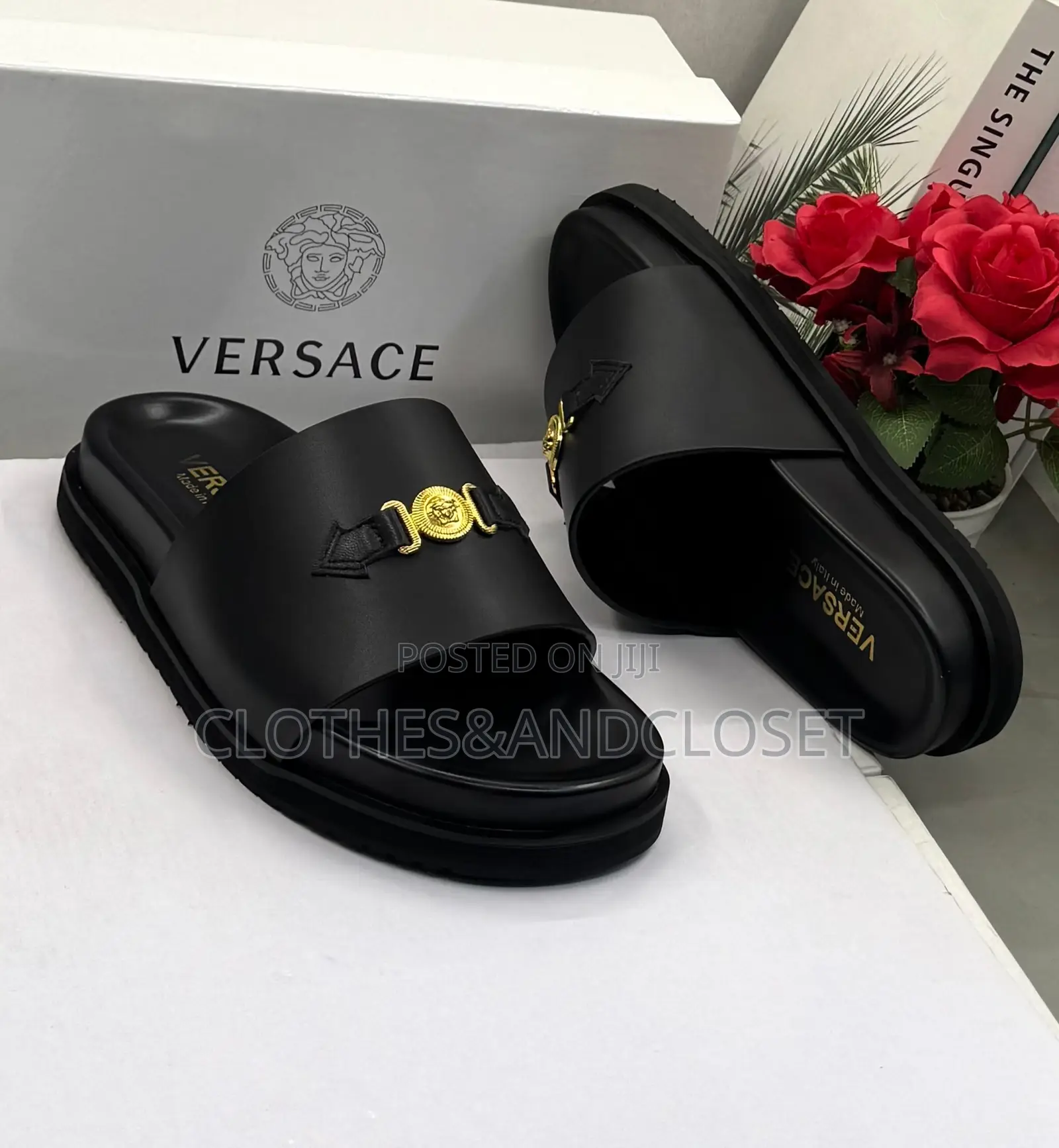 Black Leather Versace Slide Sandals and Arrow Detail on the Wide Strap