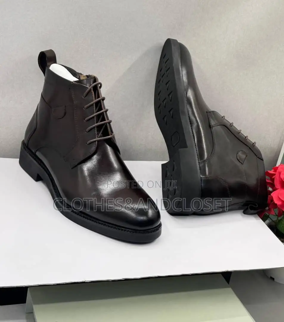Dark Brown Leather Dress Boot Classic Lace-Up Front, Round Toe Design.
