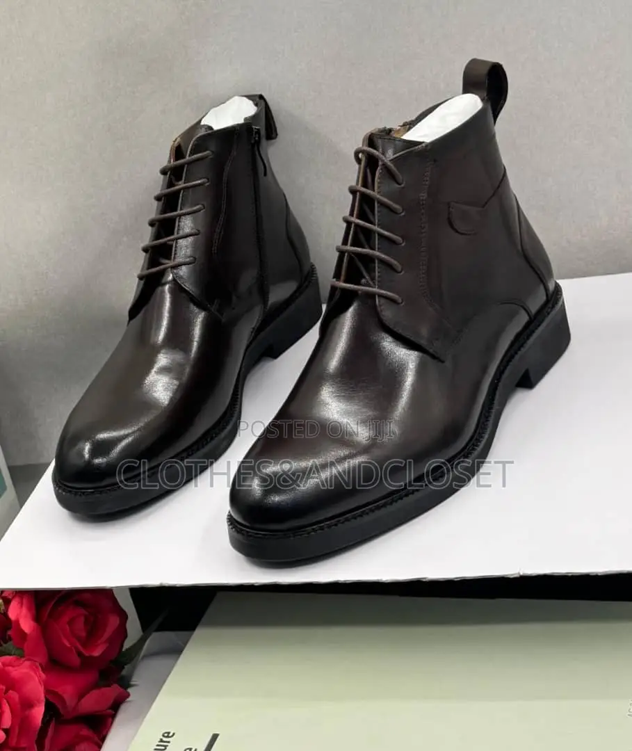 Dark Brown Leather Dress Boot Classic Lace-Up Front, Round Toe Design.