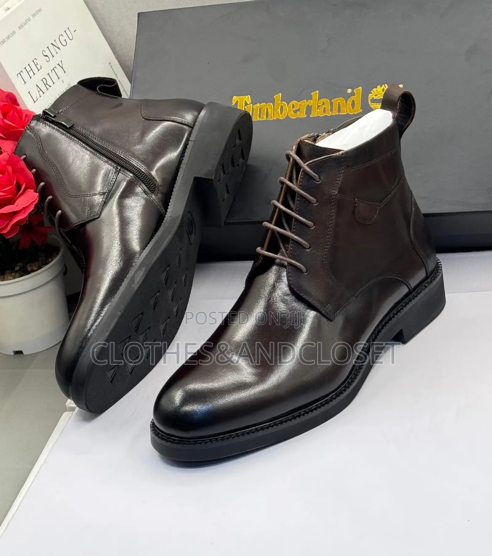 Dark Brown Leather Dress Boot Classic Lace-Up Front, Round Toe Design.
