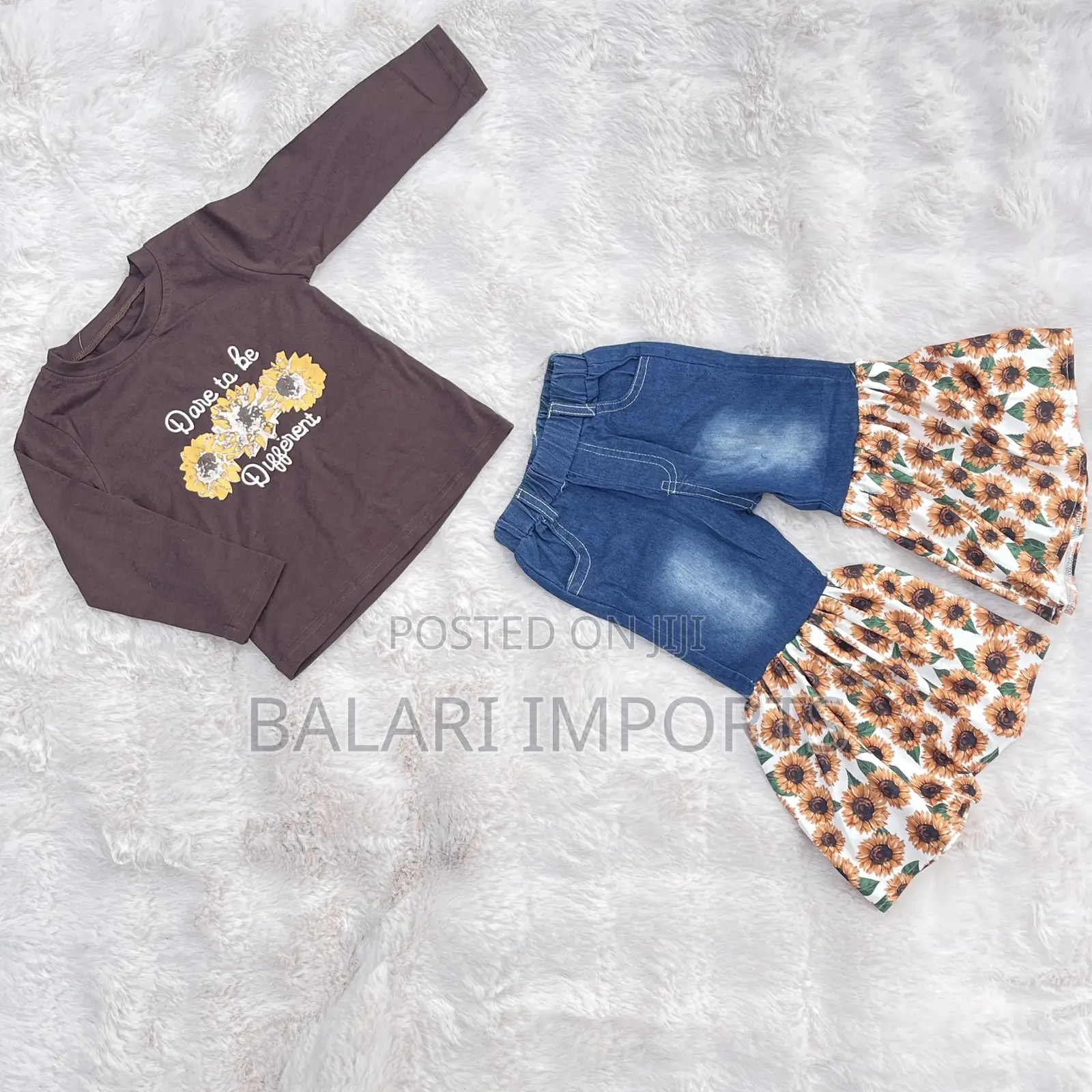 Girls’ Stylish 2-Piece Flared Jeans Set – Brown Sunflower Print 