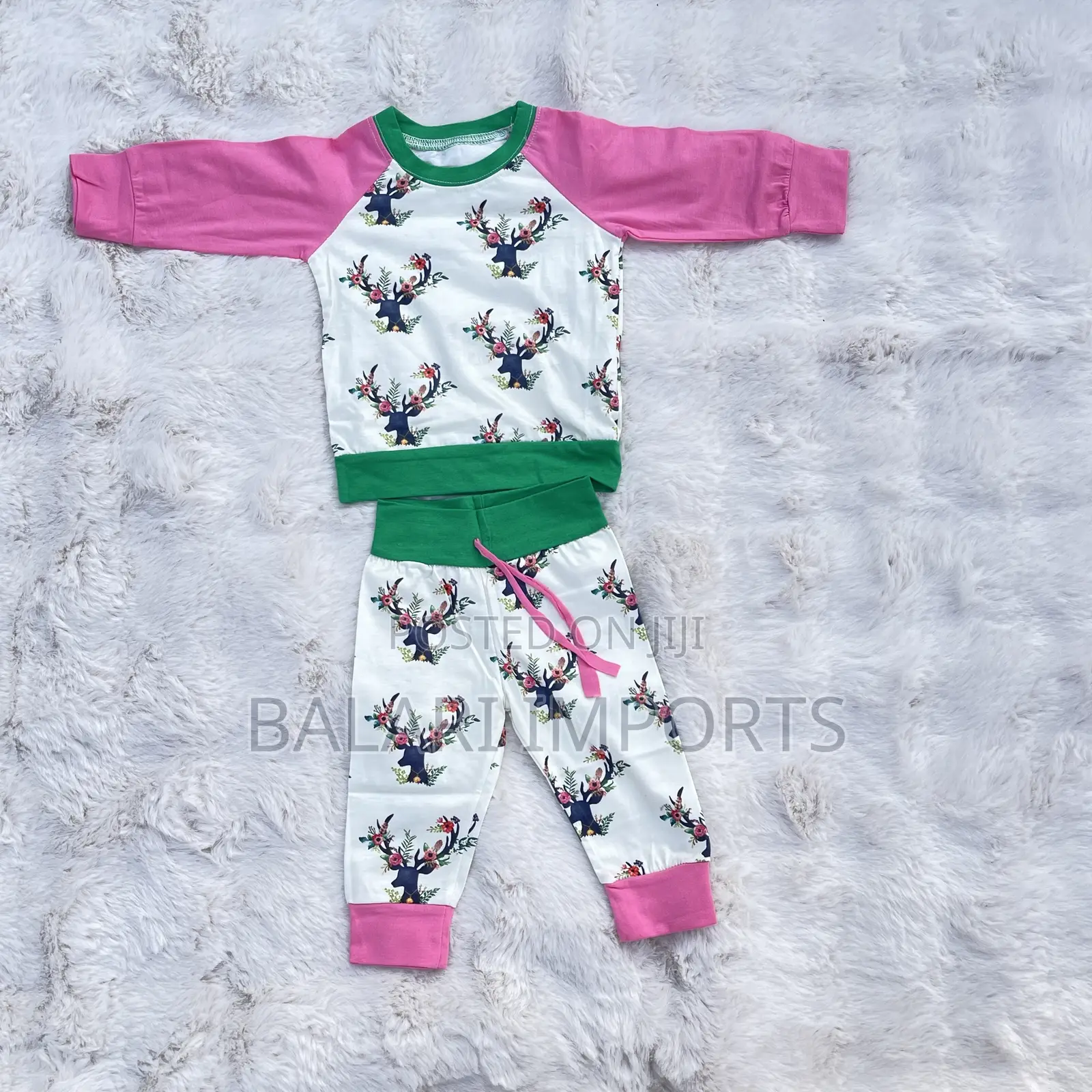 Cute Girls’ 2-Piece Floral Deer Print Tracksuit Set – Pink Green 
