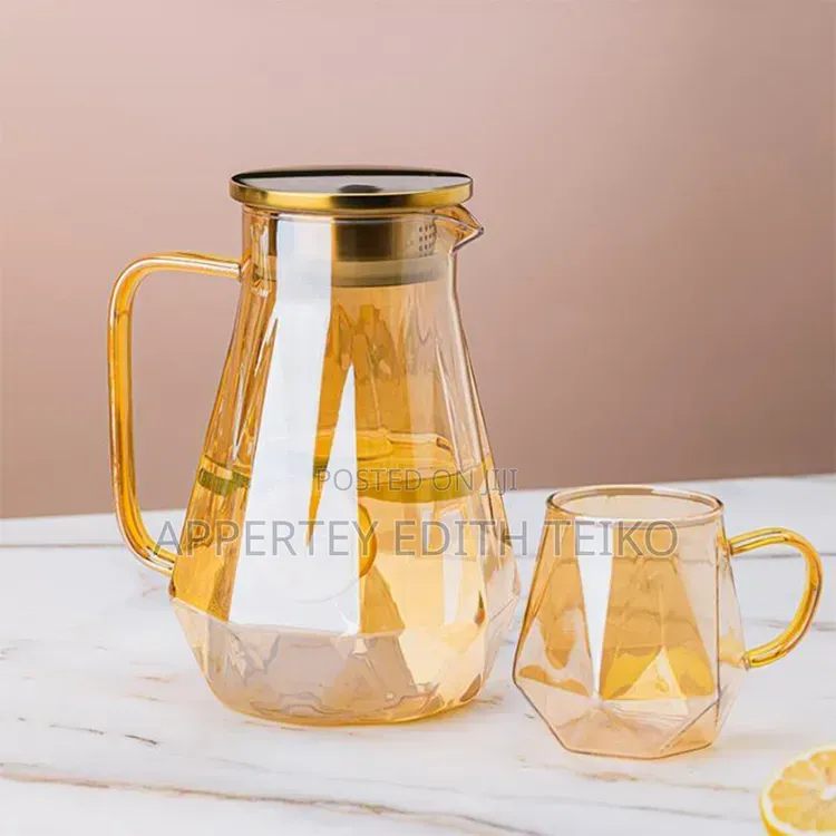Glass Water Pitcher and Matching Tumbler Cup Set