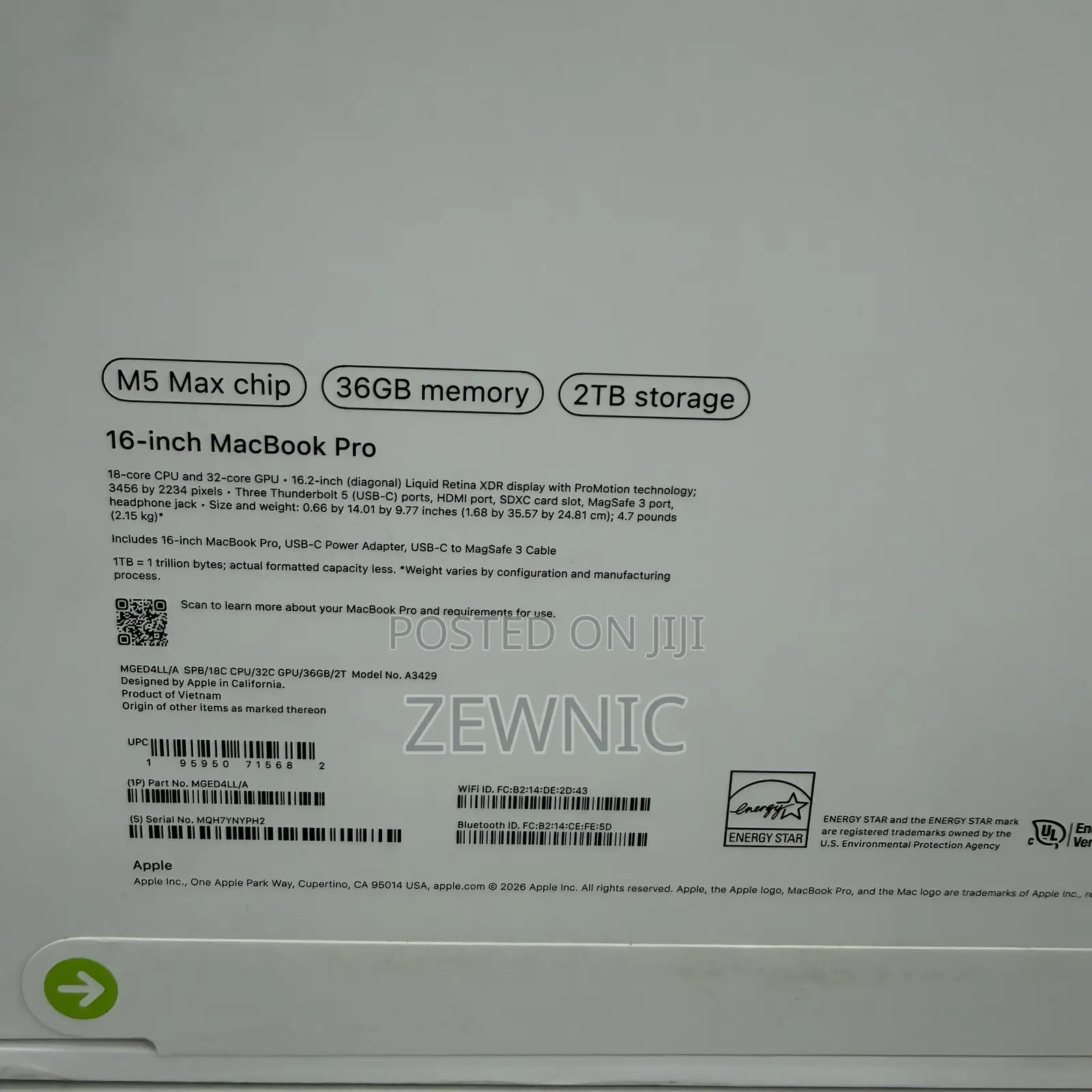 New Laptop Apple MacBook Pro 2026 M5 Max 36GB Apple M5 Max SSD 2T