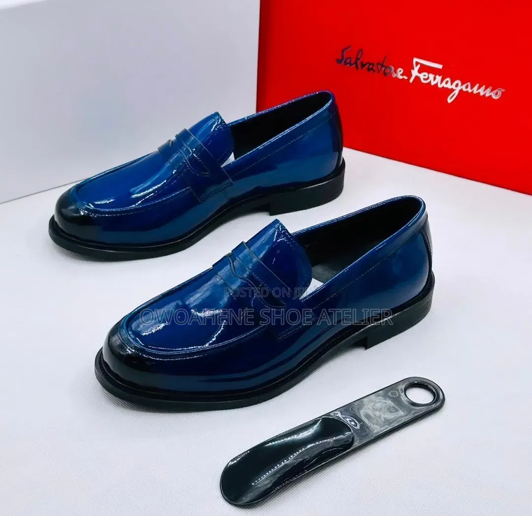 Salvatore Ferragamo Navy Blue Patent Leather Penny Loafers