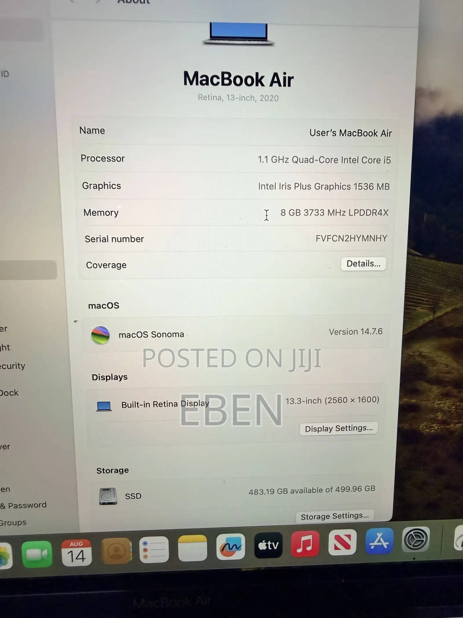 Laptop Apple MacBook Air 2020 8GB Intel Core i5 SSD 512GB