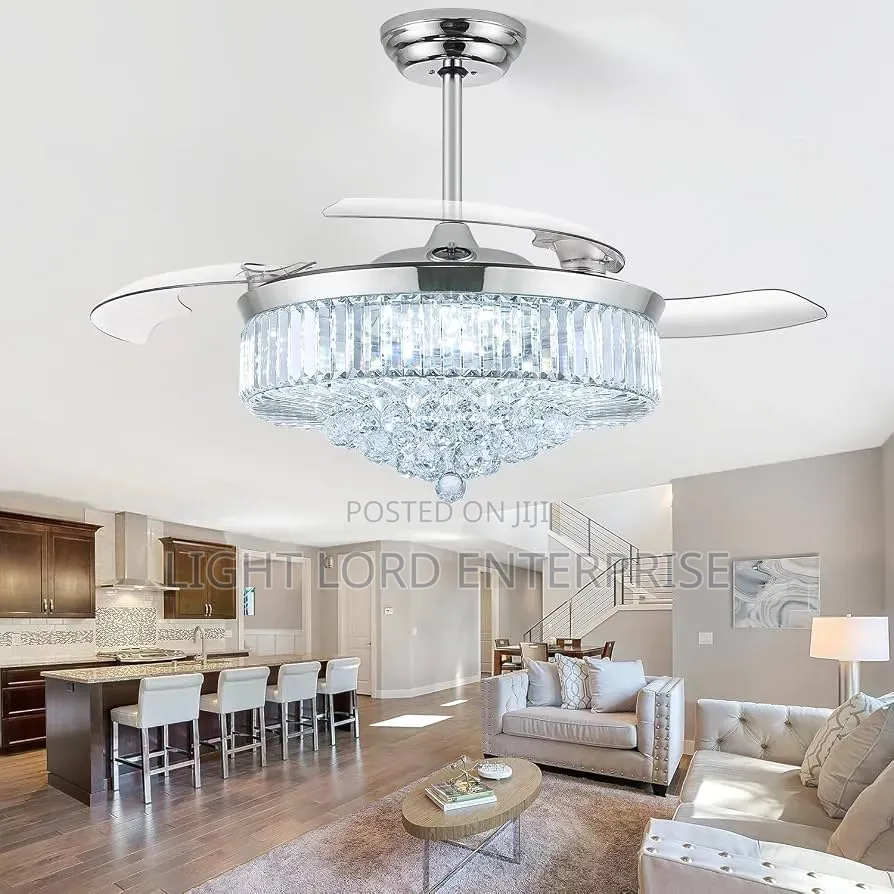White Gold Crystal Ball Chandelier Fan Light