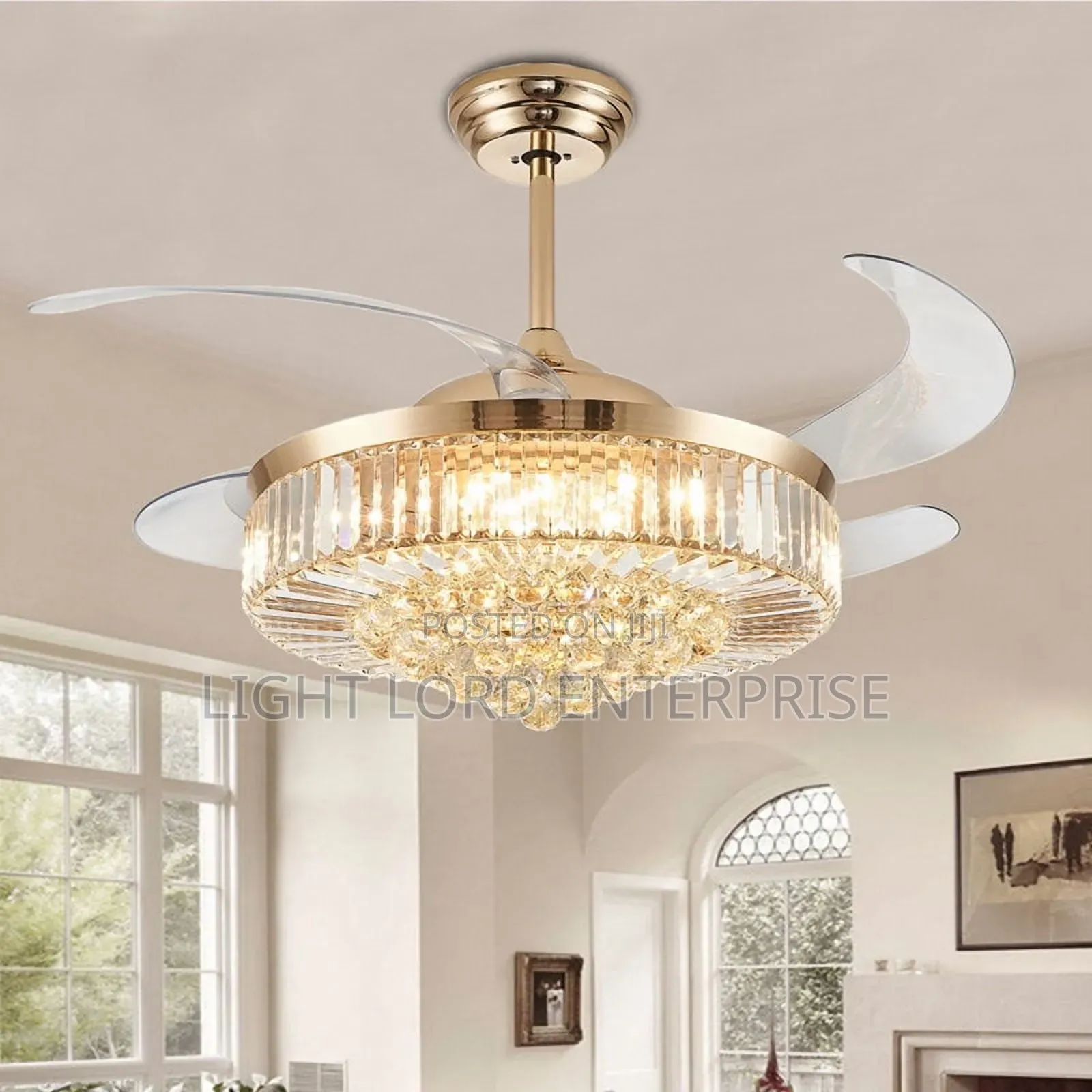 White Gold Crystal Ball Chandelier Fan Light