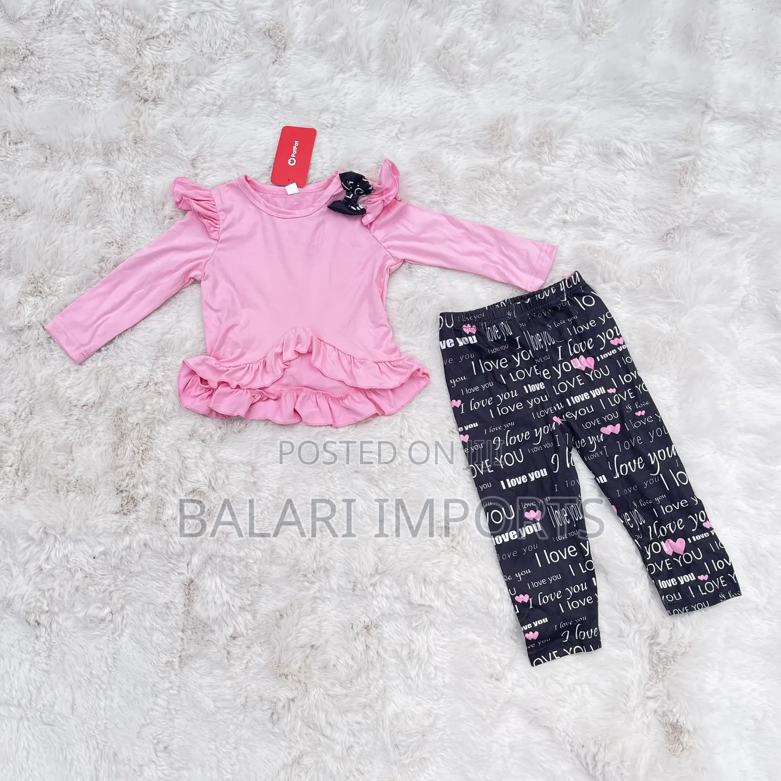 Girls Pink Ruffle Top “I Love You” Print Trousers Set