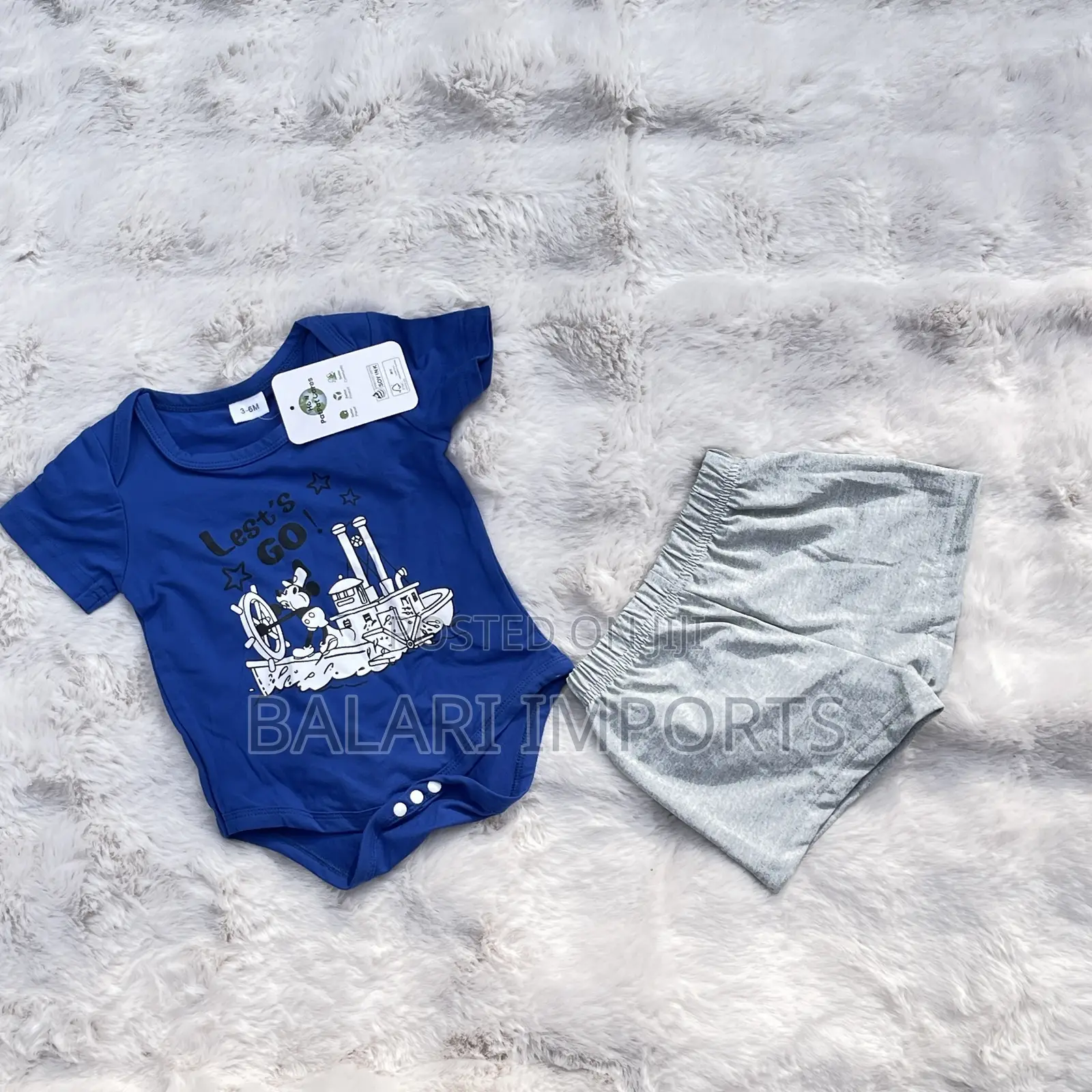 Baby Boy Mickey Mouse Blue Bodysuit Grey Shorts Set – 3–6M