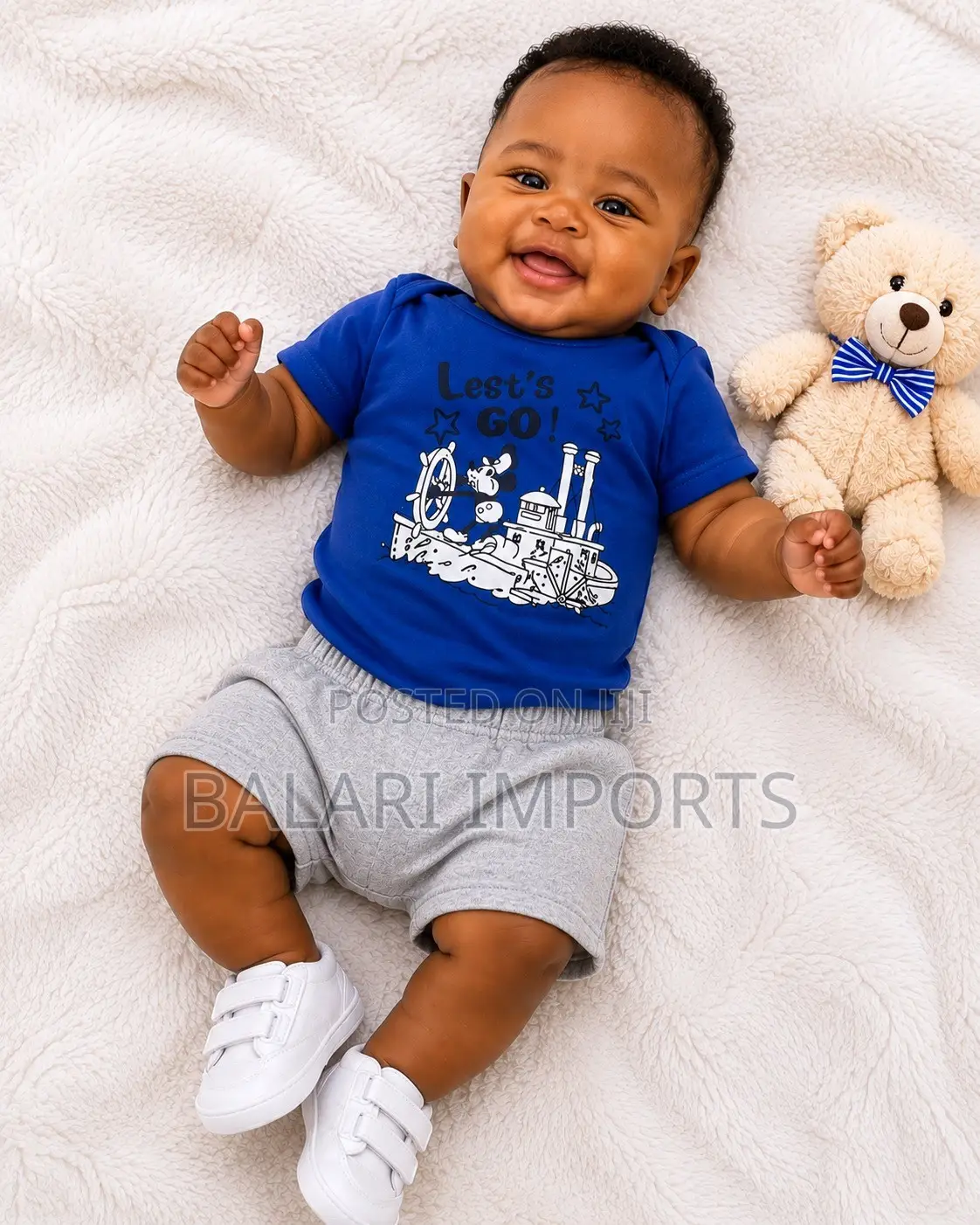 Baby Boy Mickey Mouse Blue Bodysuit Grey Shorts Set – 3–6M