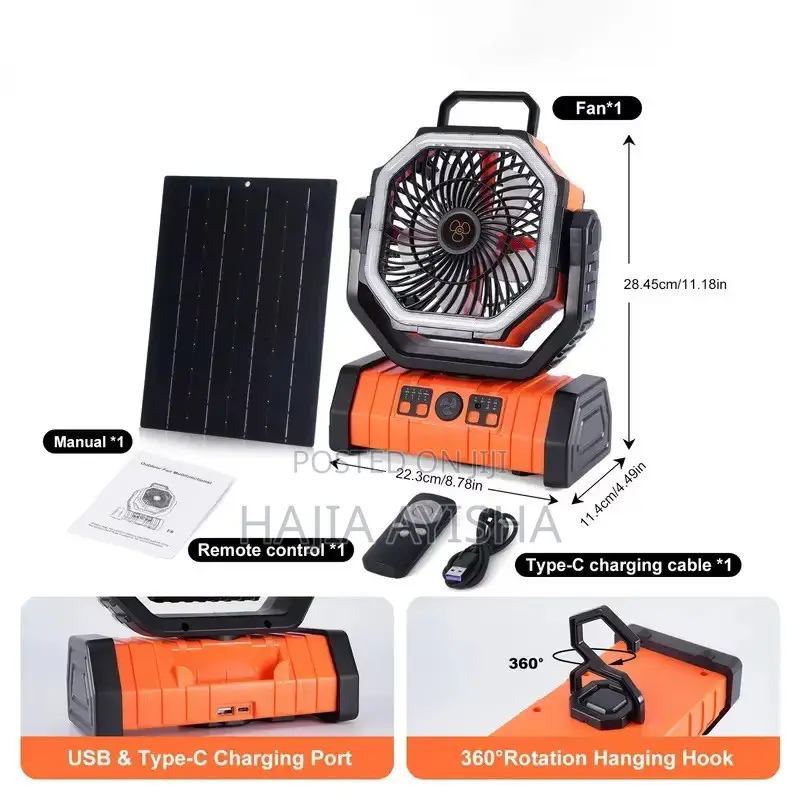 20,000mAh Solar Rechargeable Fan With Lamp, Remote Solar Panel