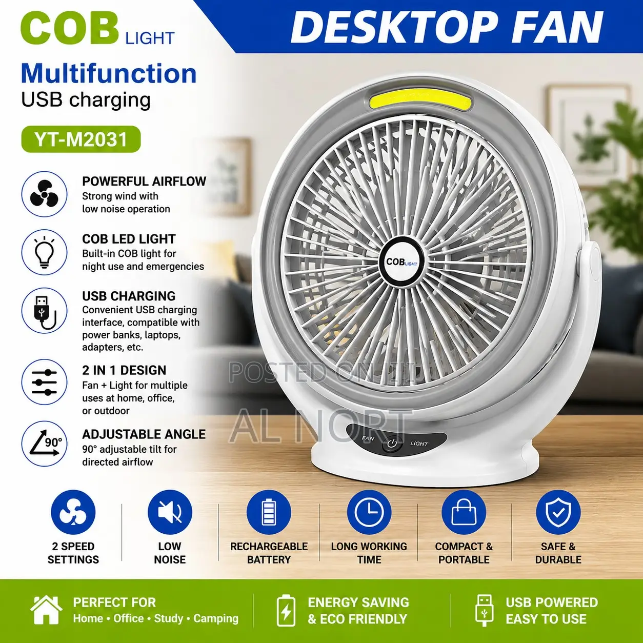 COB Light YT-M2031 Multifunction USB Desktop Fan – White