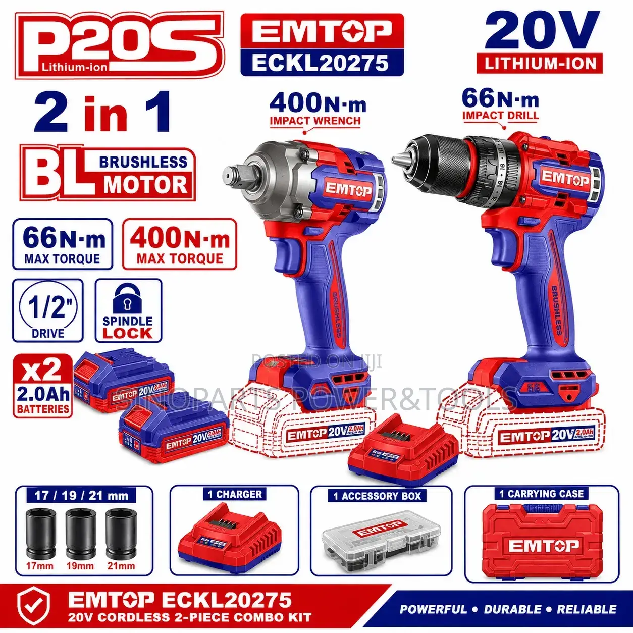 EMTOP ECKL20275 20V Brushless Drill 400Nm Impact Wrench Combo Kit