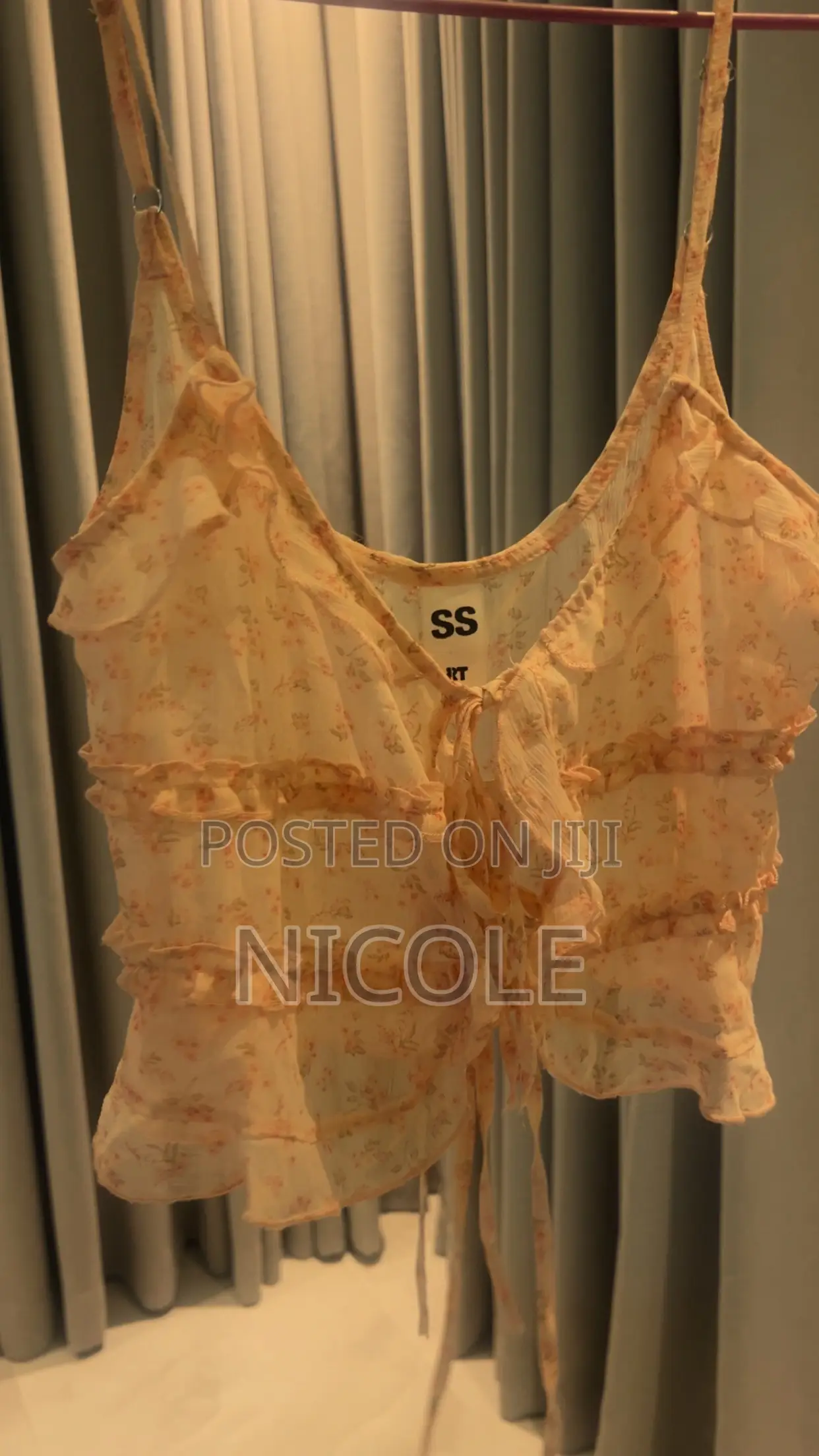 Pink Baby Pink Floral Cami Top Tie Front Layered Ruffle Trim