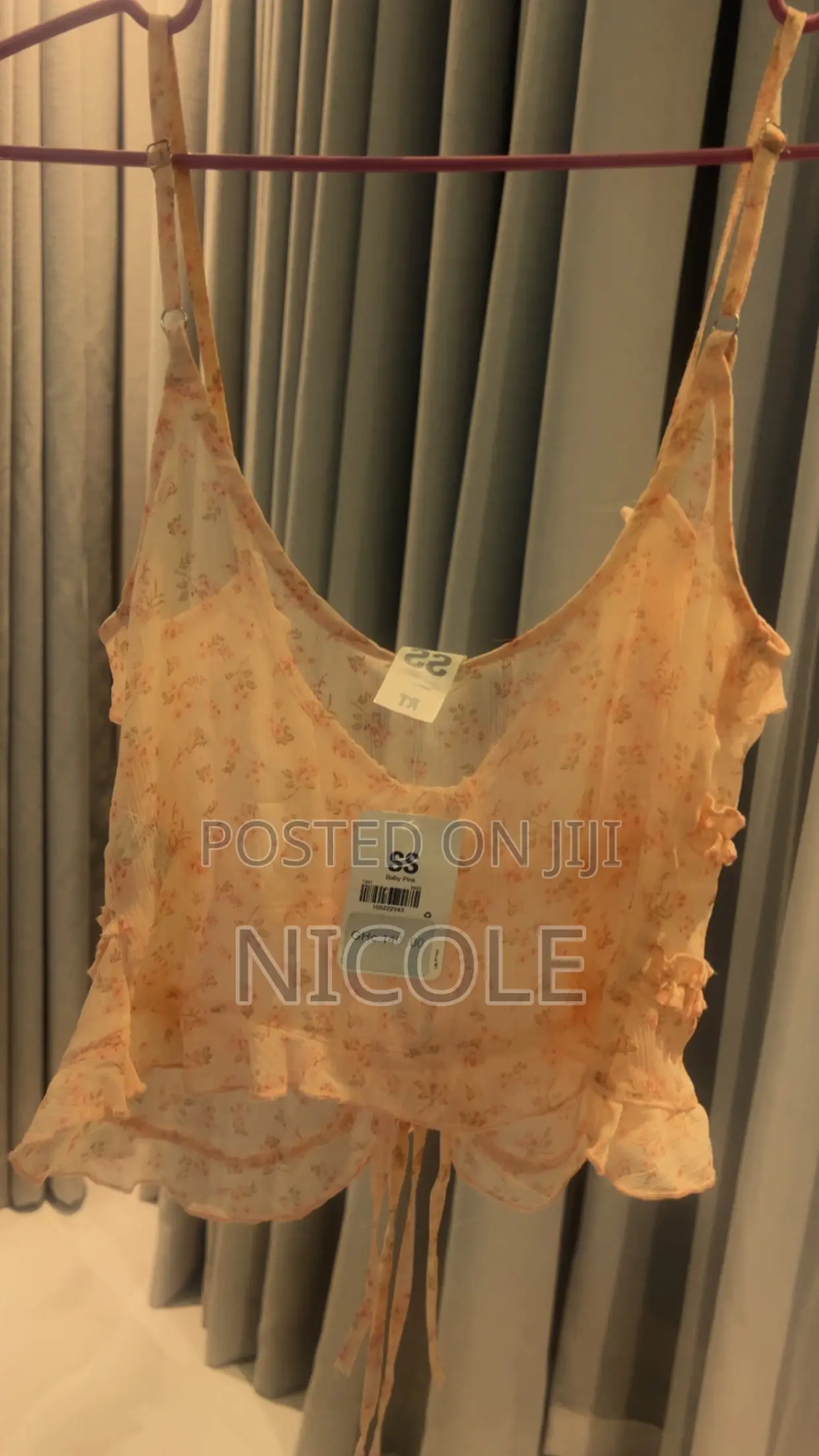 Pink Baby Pink Floral Cami Top Tie Front Layered Ruffle Trim