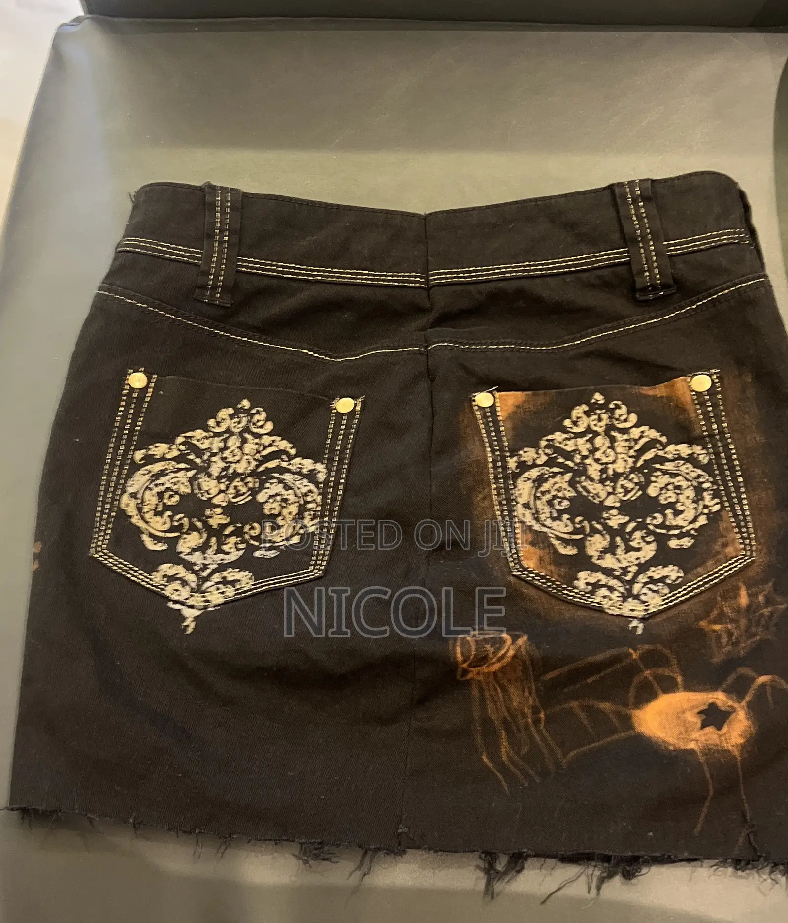 Y2k Edgy Mini Skirt Orange Spider Bleack Design Distressed Hem Edgy