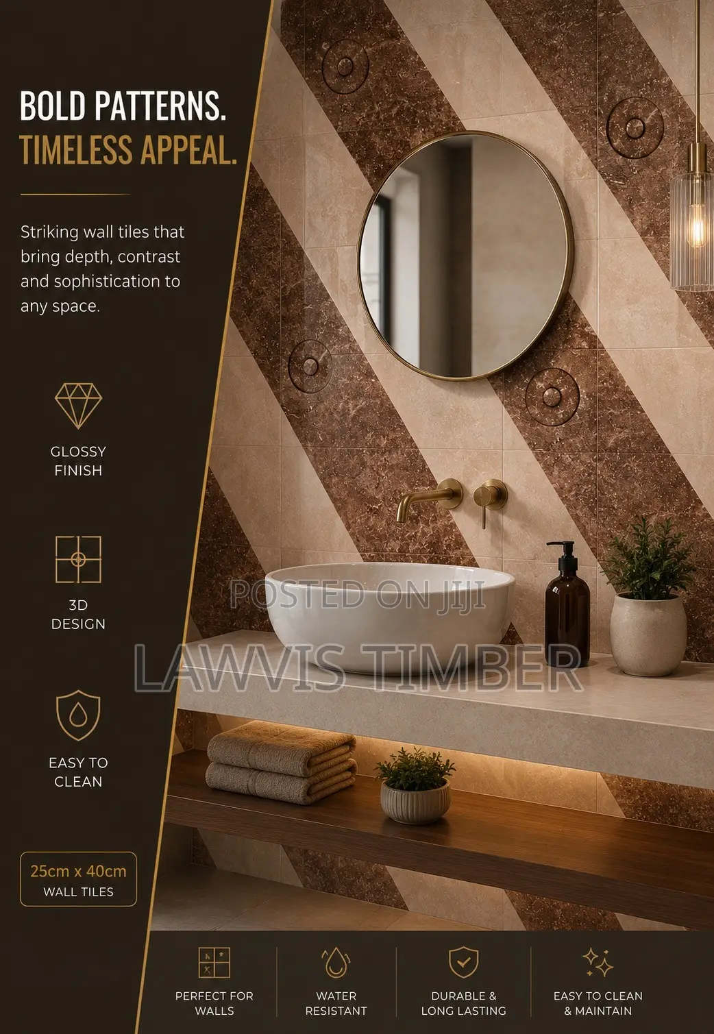 25x40cm Cocoa Royale 3D Glossy Marble Wall Tiles
