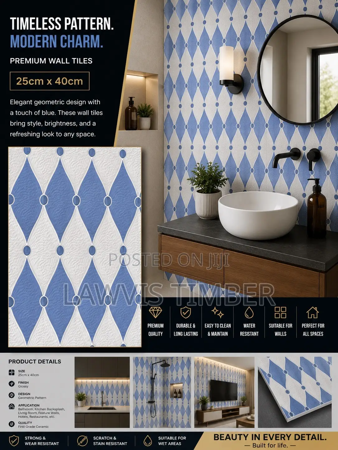25x40cm Sapphire Royale 3D Blue White Wall Tiles