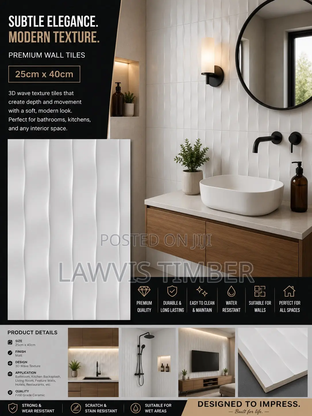 25x40cm Pearl Cascade 3D Glossy White Wall Tiles