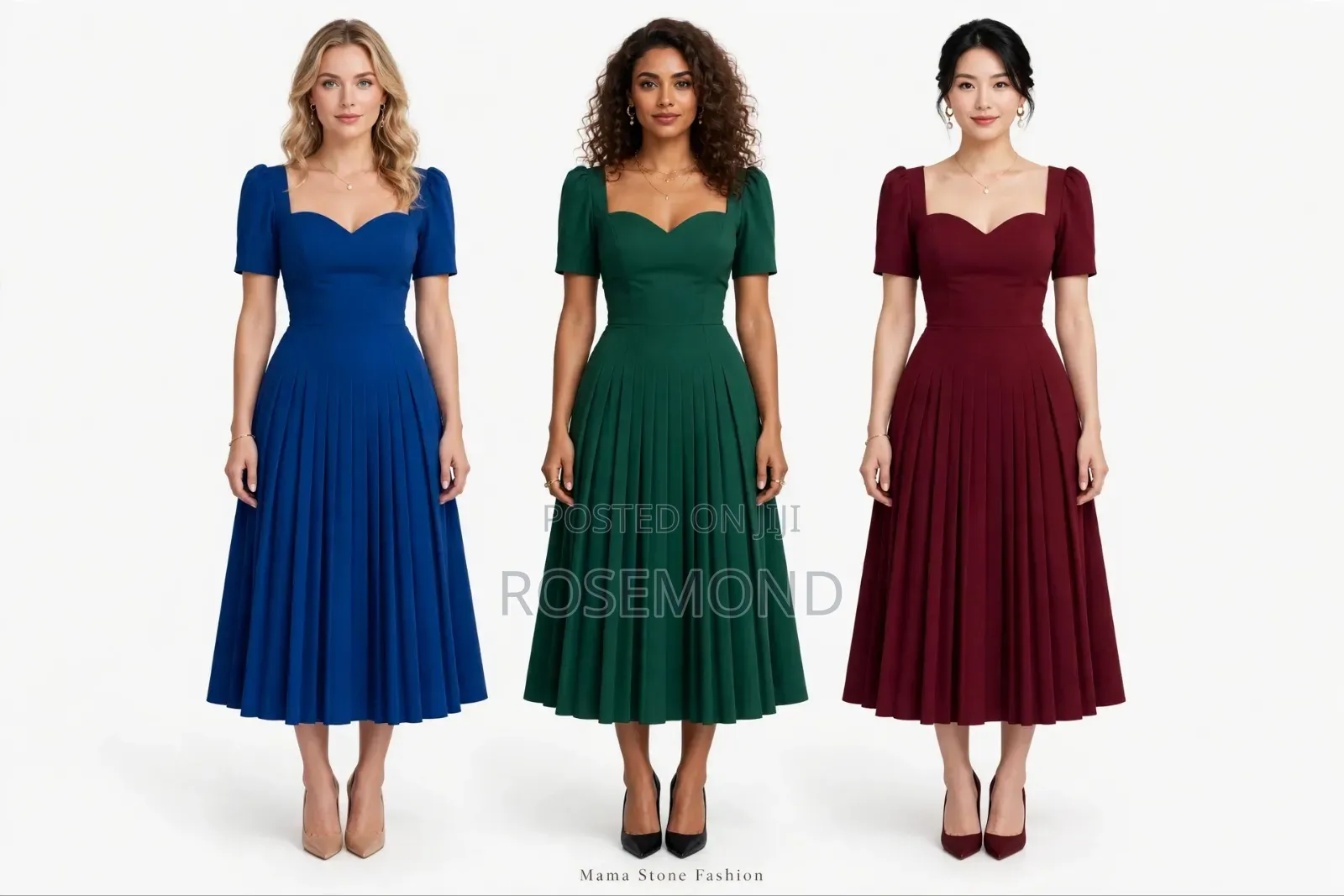 Women’s Elegant Pleated Midi Dress – Short Sleeve