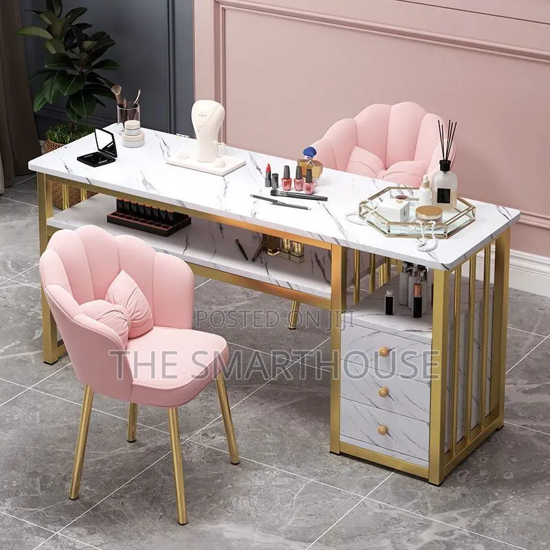 Luxury Marble Salon Nail Table – 3 Drawers + 2 Chairs