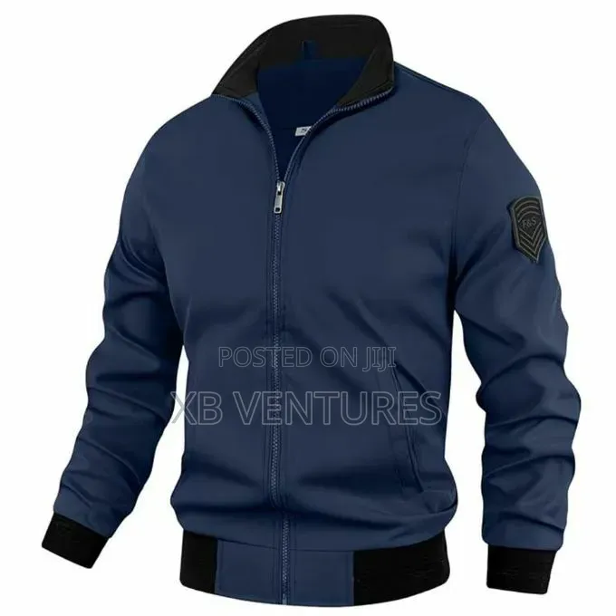 Men's Navy Blue Stand-Collar Bomber Jacket With Sleeve Emblem