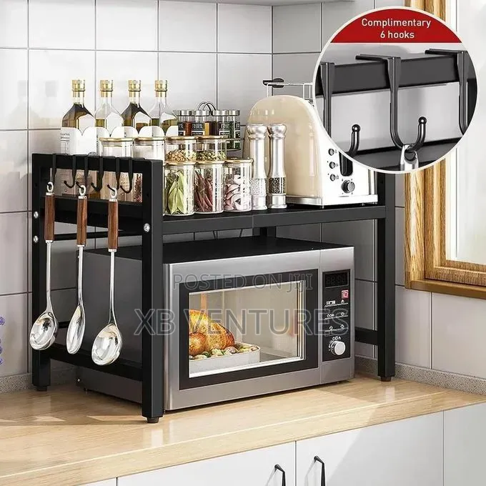 Adjustable Microwave Rack With H-Ooks Kitchen Storage Rack - Black