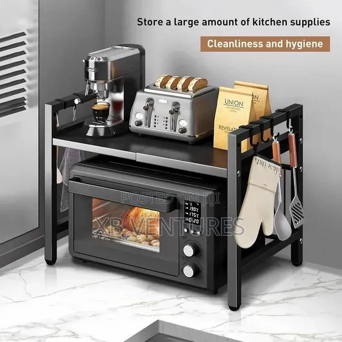 Adjustable Microwave Rack With H-Ooks Kitchen Storage Rack - Black