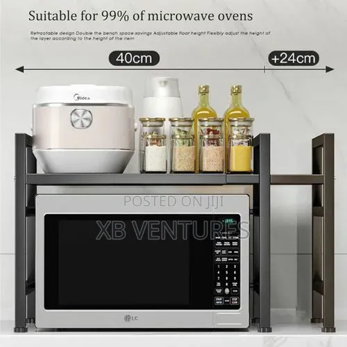 Adjustable Microwave Rack With H-Ooks Kitchen Storage Rack - Black