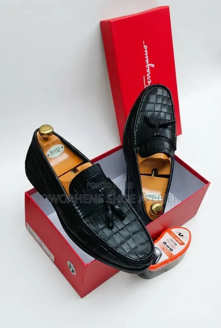 Ferragamo Black Crocodile-Embossed Leather Tassel Loafer