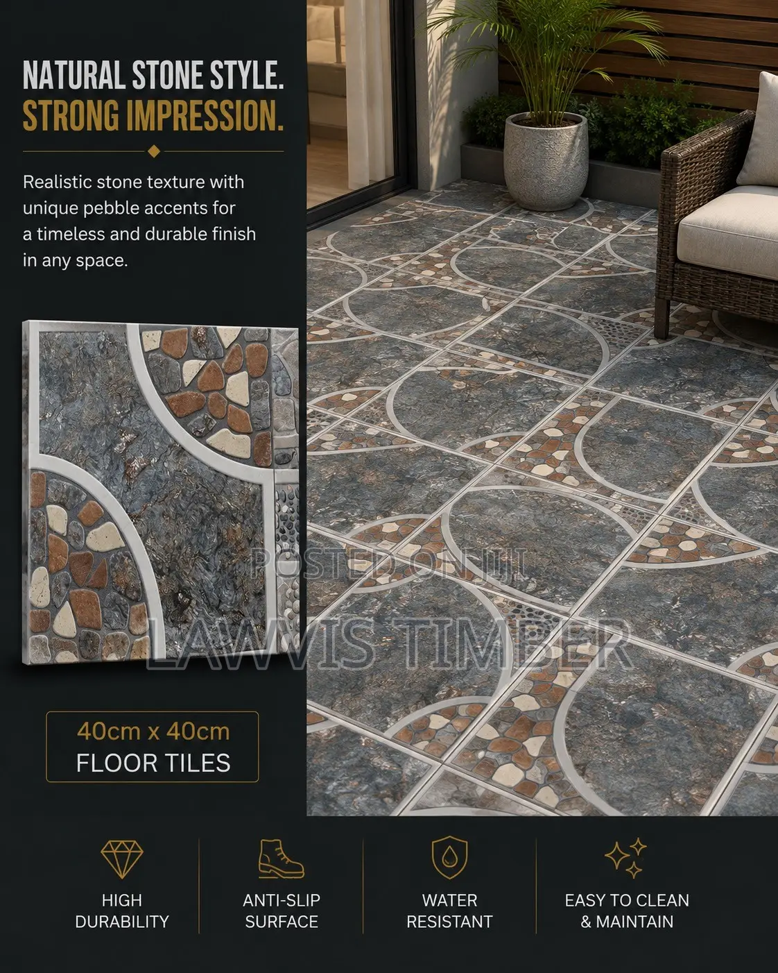 40x40cm Charcoal Pebble Stone Floor Tiles