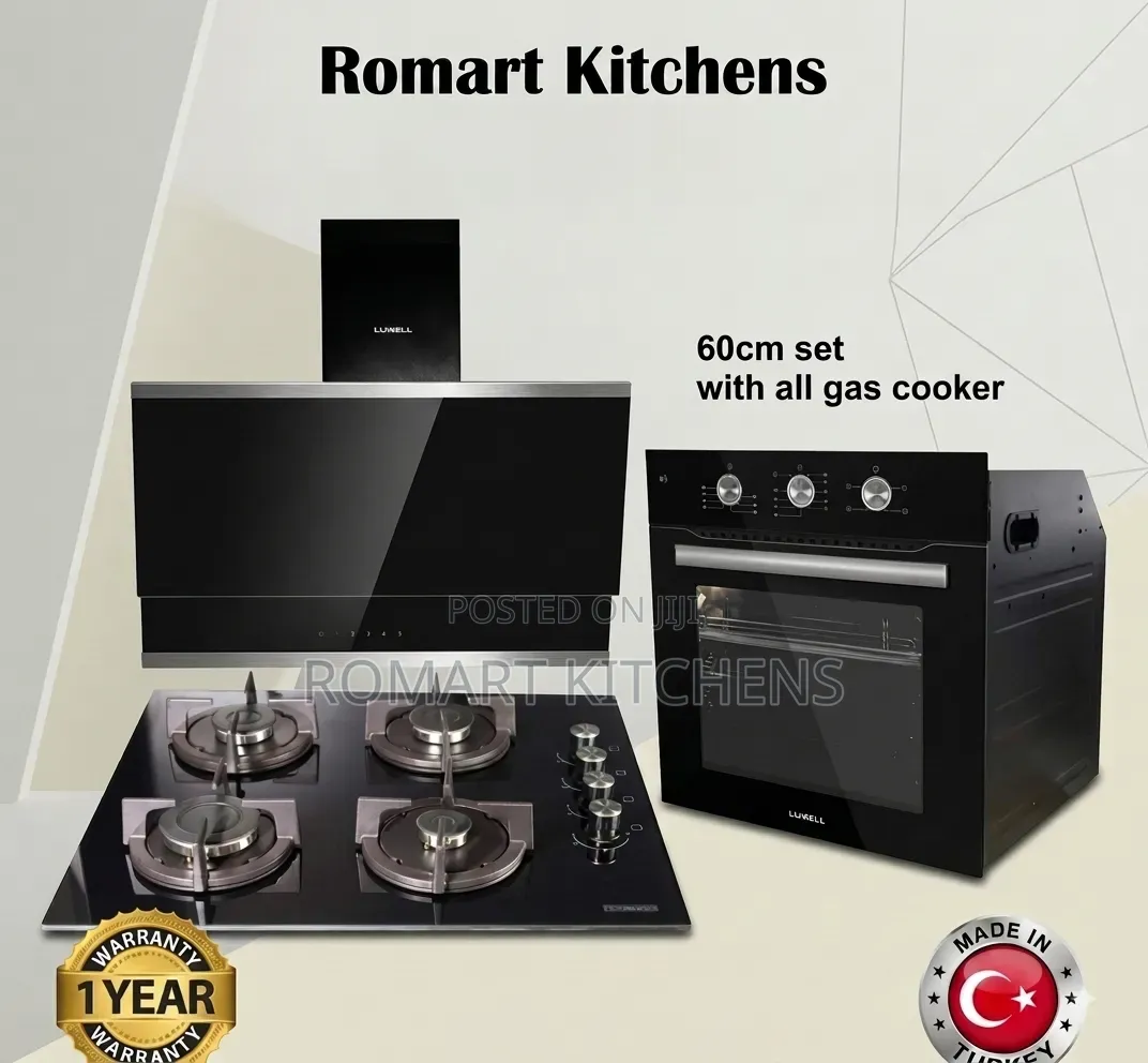 Luxell 60cm Inbuilt Glass Burner Set. Oven, Hob and Heat Extractor