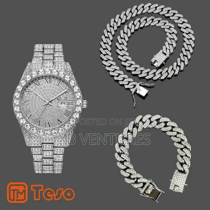 3 in 1 Men's Quartz Watch With Chain Necklace Bracelet - Silver