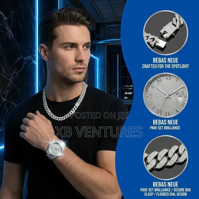 3 in 1 Men's Quartz Watch With Chain Necklace Bracelet - Silver