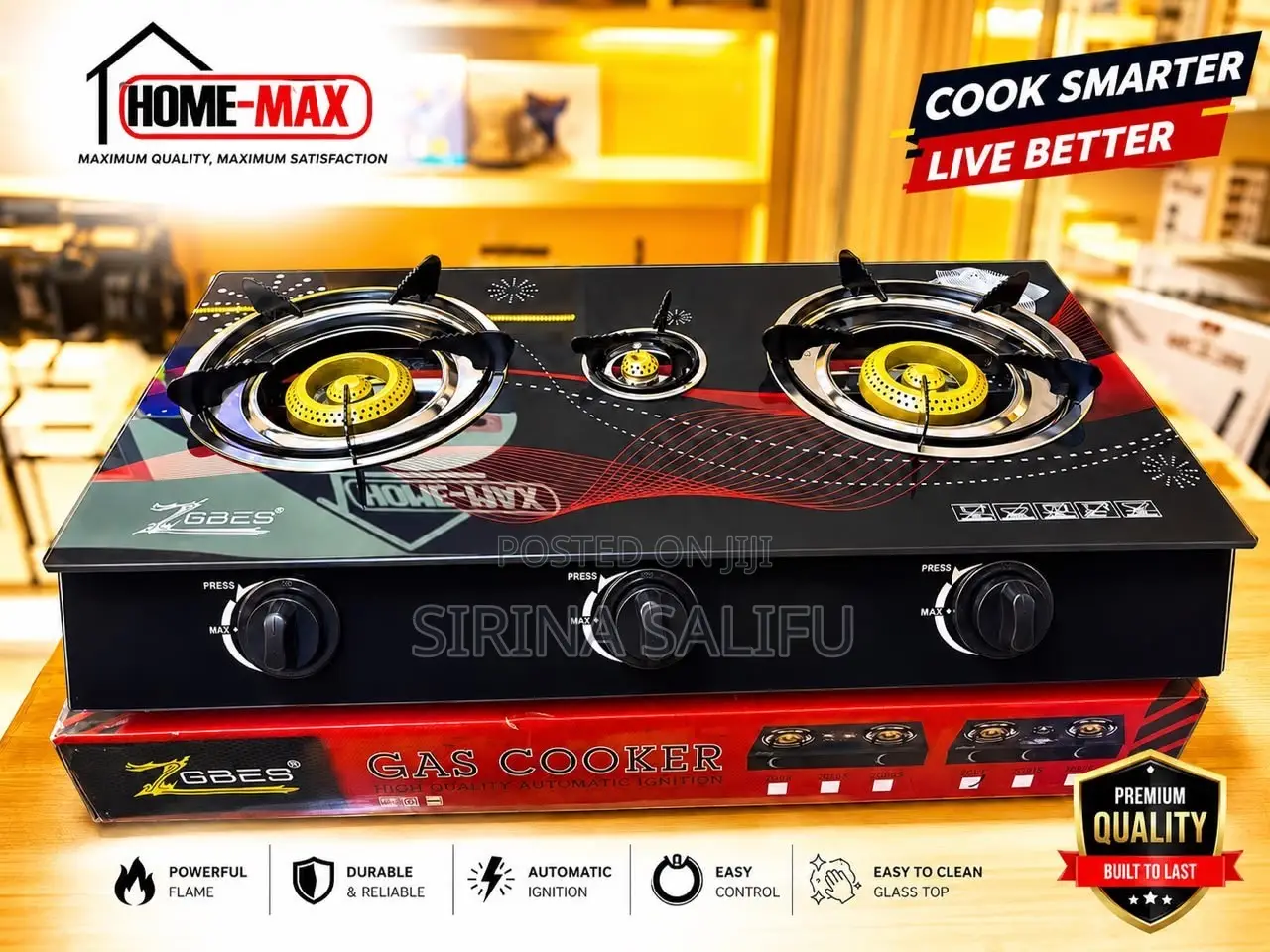 3-Burner Gas Cooker – Automatic Ignition | Glass Top