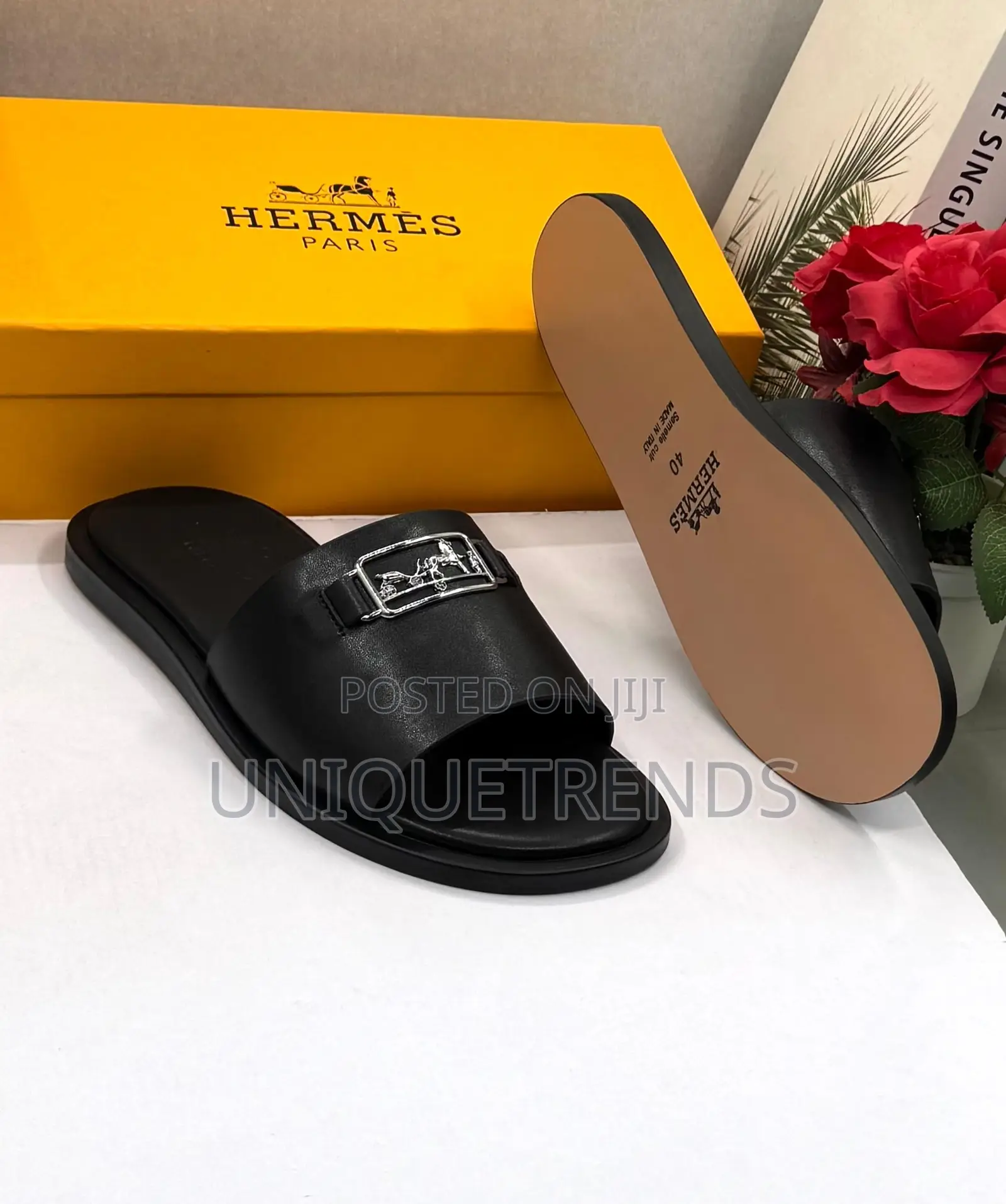 Quality HERMES Leather Slippers (Black)