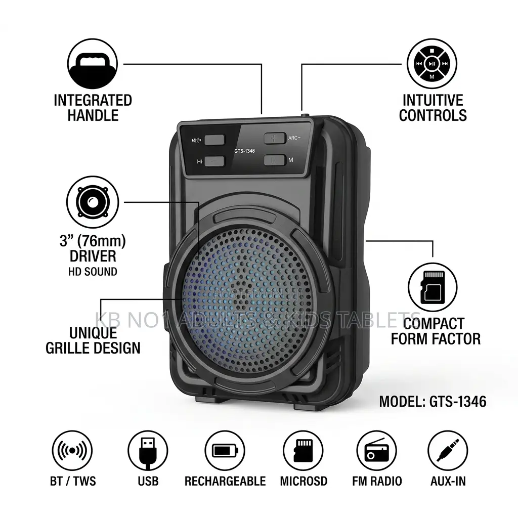 GTS-1346 Portable Wireless Bluetooth Speaker–TWS,FM Radio,USB SD Card