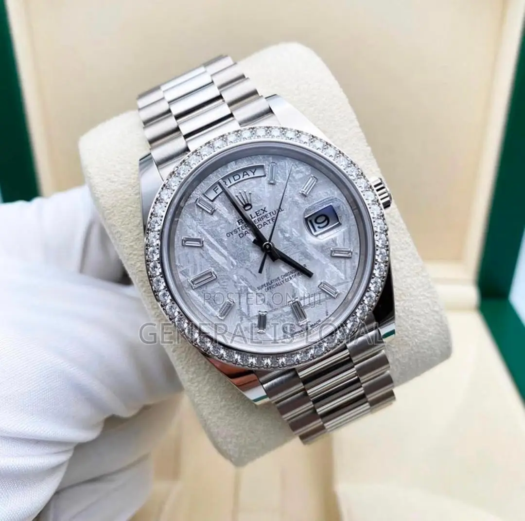 Rolex Day-Date White Gold Meteorite Baguettes Diamond Bezel Complete
