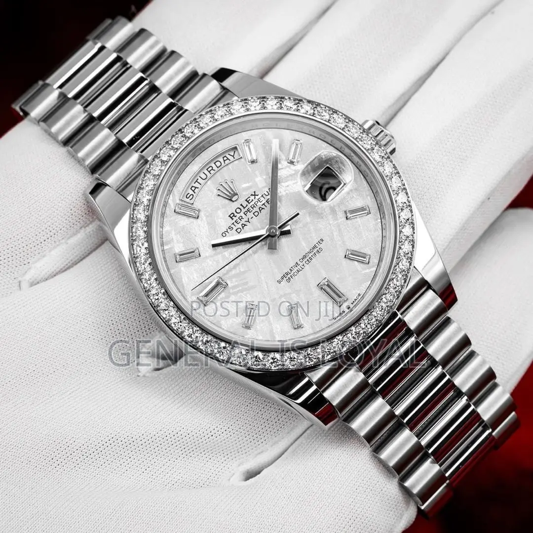 Rolex Day-Date White Gold Meteorite Baguettes Diamond Bezel Complete