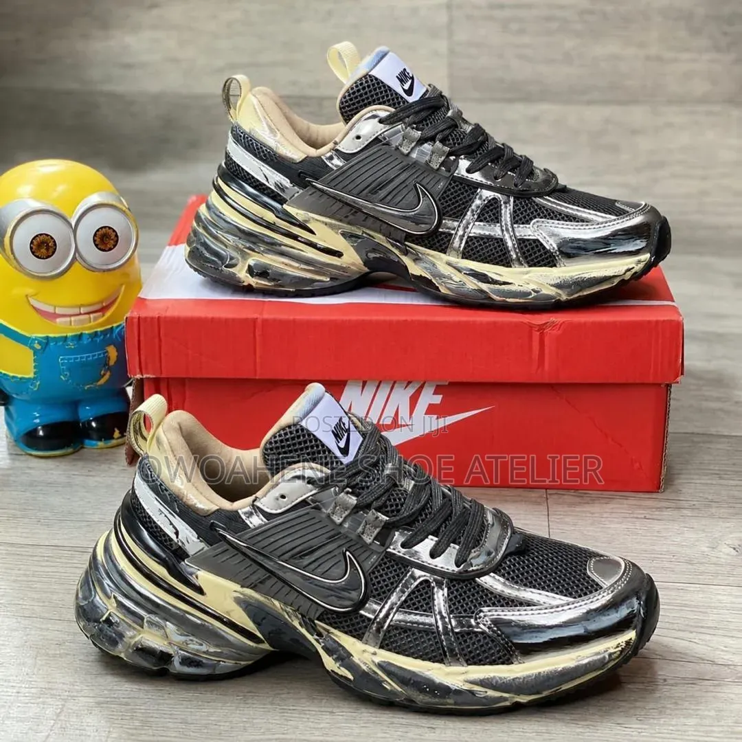 Pair of Custom Nike V2K Run 'Cement Grey-Black' Urban Decay Sneakers.